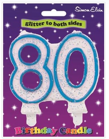 Blue Number 80 Glittered Birthday Candle