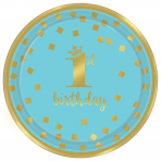 Blue & Gold 1St Birthday Metallic Paper Plates 18cm