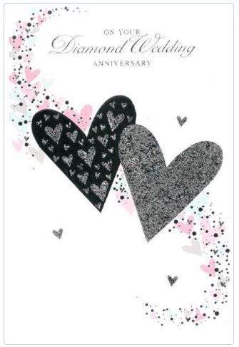 Diamond 60th Wedding Anniversary Card - Grey Heart, Doves & Jewels 7.75" x 5.25"