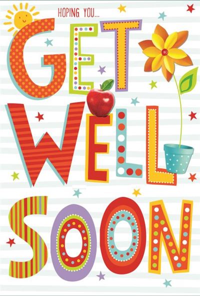 Greetings Get Well Soon Card - Bright Text, Big Flower & Red Apple