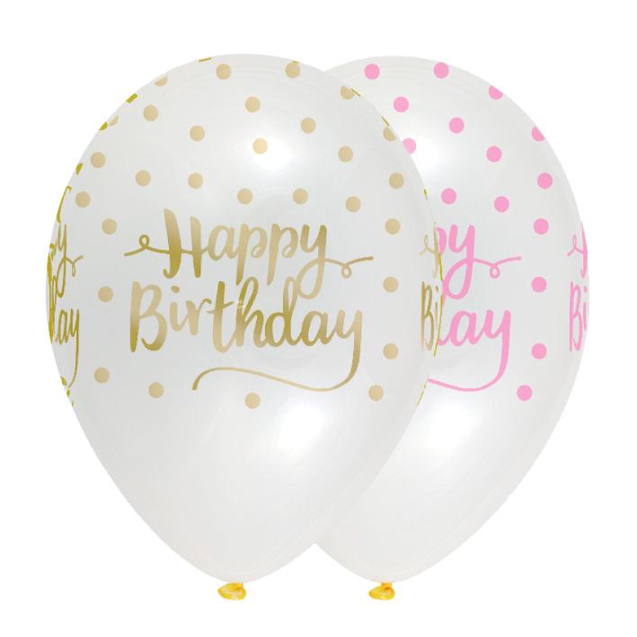 Happy Birthday Pink Chic Latex Balloons Crystal Clear All Round Print