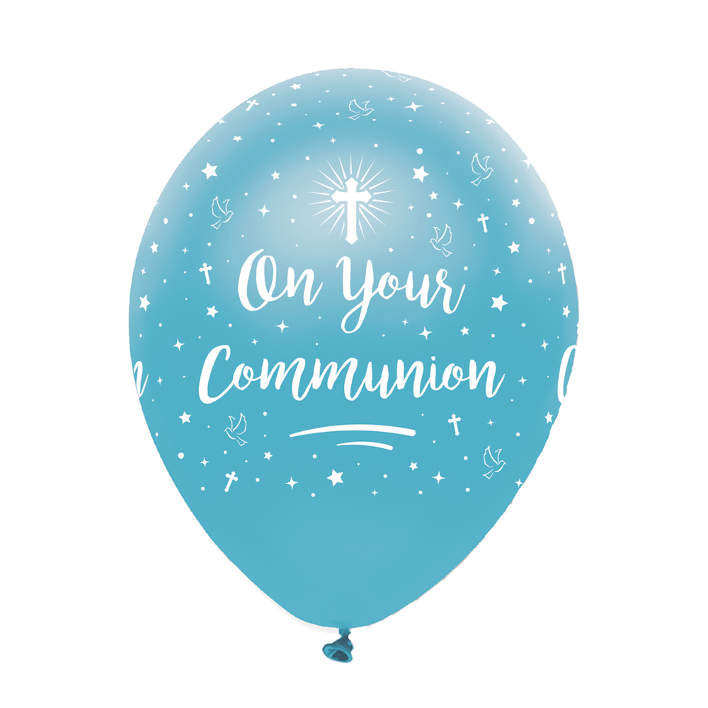 On Your Communion Blue Pearlescent Latex Balloons All Round Print