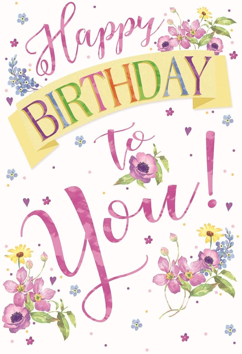 Open Female Birthday Card - Purple Text, Flowers & Little Hearts 7.75" x 5.25"