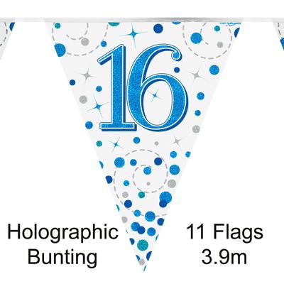 Party Bunting 16th Sparkling Fizz Birthday Blue Holographic 11 flags 3.9m