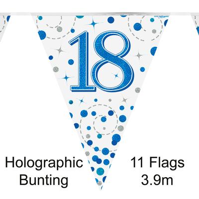 Party Bunting 18th Sparkling Fizz Birthday Blue Holographic 11 flags 3.9m