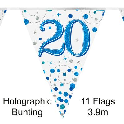 Party Bunting 20th Sparkling Fizz Birthday Blue Holographic 11 flags 3.9m