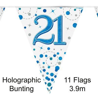 Party Bunting 21st Sparkling Fizz Birthday Blue Holographic 11 flags 3.9m