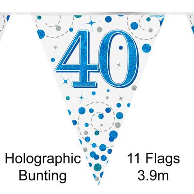 Party Bunting 40th Sparkling Fizz Birthday Blue Holographic 11 flags 3.9m