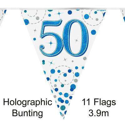 Party Bunting 50th Sparkling Fizz Birthday Blue Holographic 11 flags 3.9m