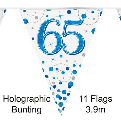 Party Bunting 65th Sparkling Fizz Birthday Blue Holographic 11 flags 3.9m