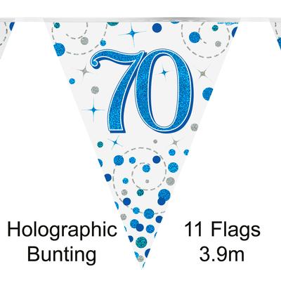 Party Bunting 70th Sparkling Fizz Birthday Blue Holographic 11 flags 3.9m