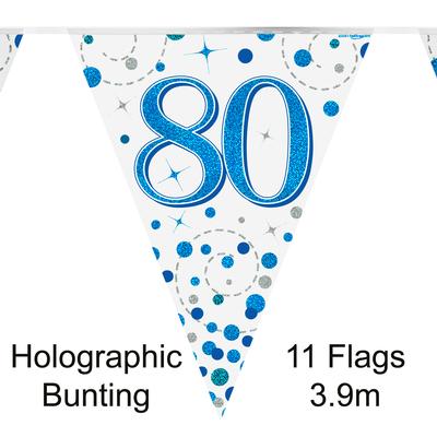 Party Bunting 80th Sparkling Fizz Birthday Blue Holographic 11 flags 3.9m