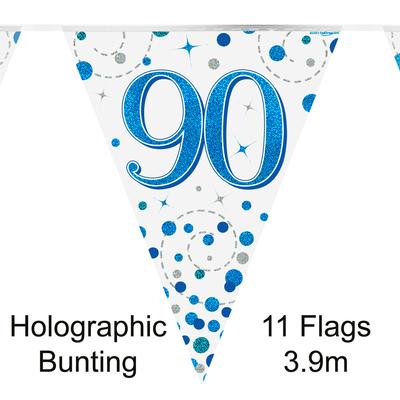 Party Bunting 90th Sparkling Fizz Birthday Blue Holographic 11 flags 3.9m