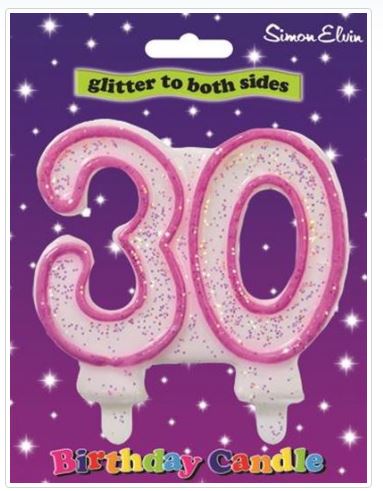 Pink Number 30 Glittered Birthday Candle