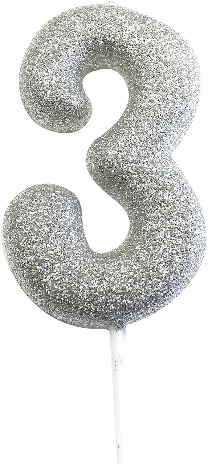 Silver Number 3 Glitter Pick Candle, 1 Pc