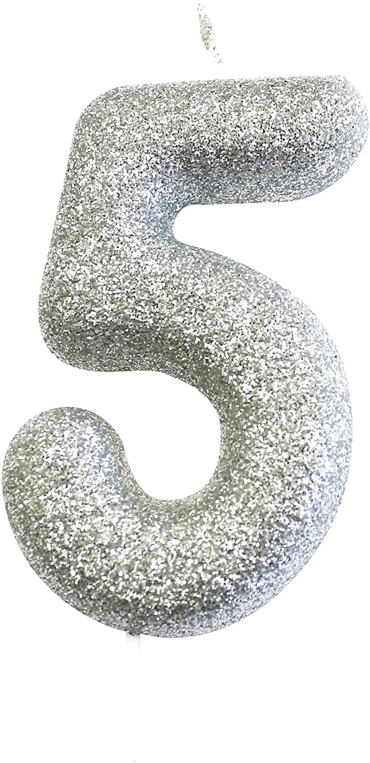 Silver Number 5 Glitter Pick Candle-1 Pc