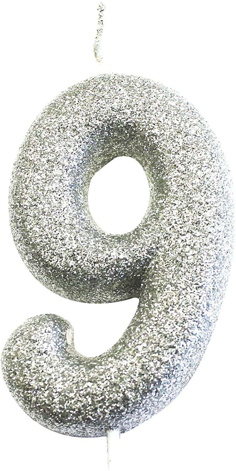 Silver Number 9 Glitter Pick Candle-1 Pc