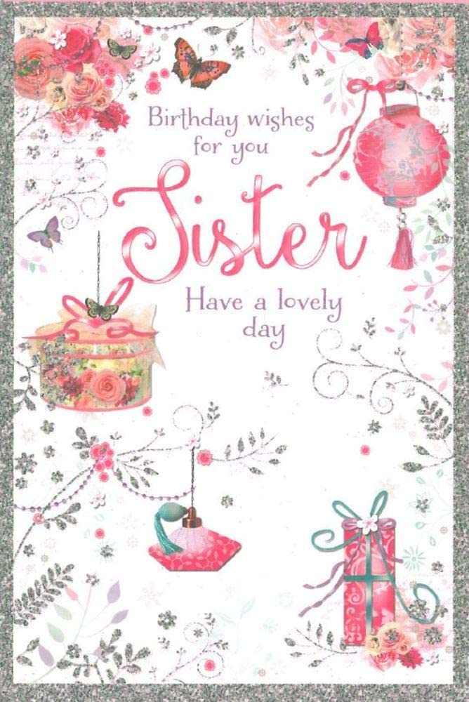 Sister Birthday Card - Blue Flower Basket, Lilac Present & Cupcake 7.75" x 5.25"