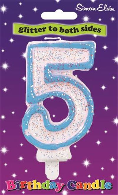 Birthday Candle Number 5 Blue, White number glittery candle with a blue outline (Sold in 6s)