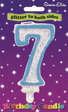 Birthday Candle Number 7 Blue, White number glittery candle with a blue outline. (Sold in 6s)