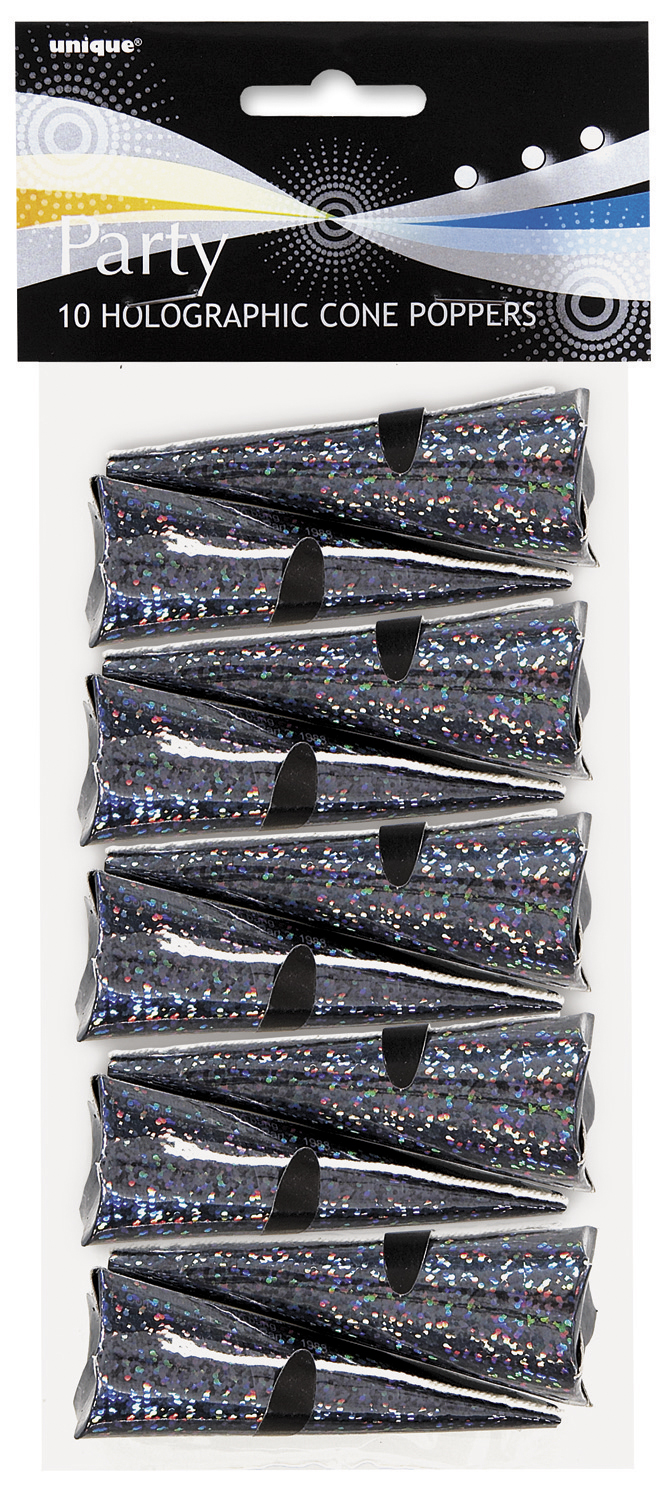 Black Holographic Cone Party Poppers (10pk)