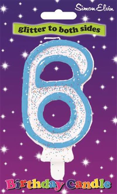 Blue Glitter to both sides Number 6 Birthday Candle (Sold in 6s)