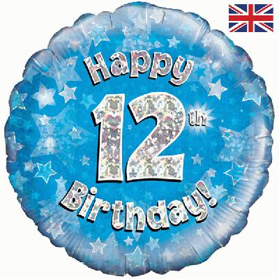 Happy 12th Birthday Blue Holographic Foil Balloon