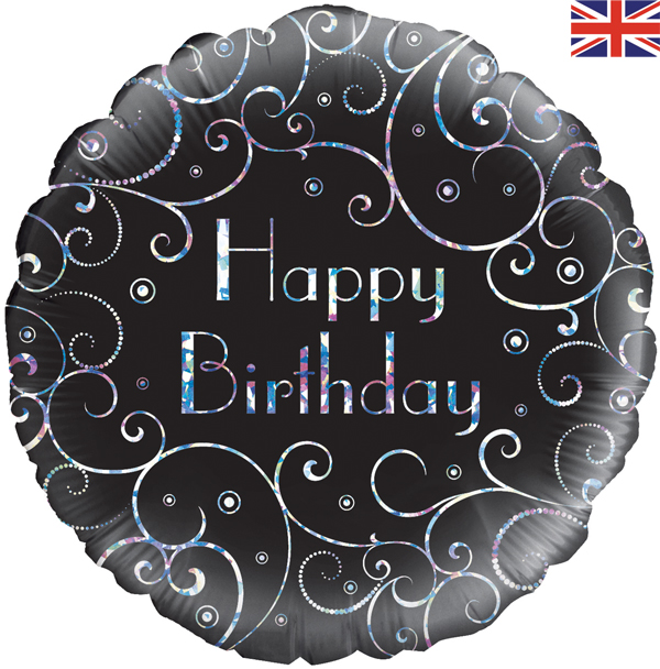 Happy Birthday Black Swirls Holographic 18" Foil Balloon