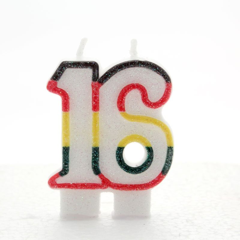 Multicoloured Glitter Number  16  Candle