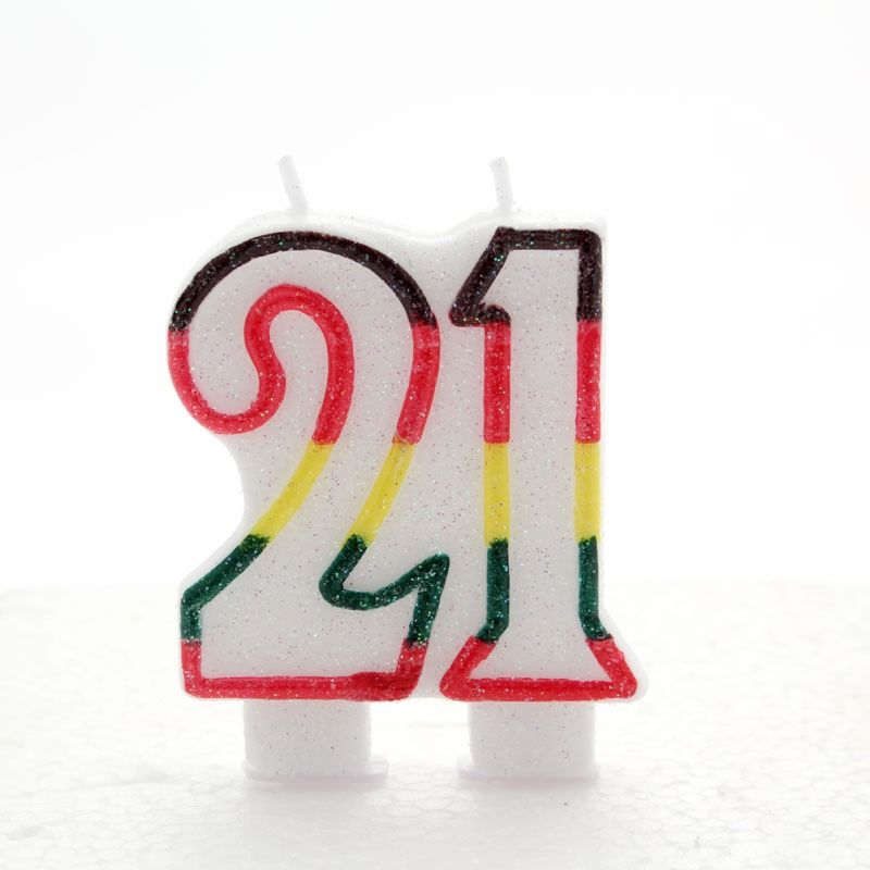 Multicoloured Glitter Number  21  Candle