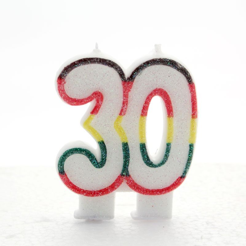 Multicoloured Glitter Number  30  Candle