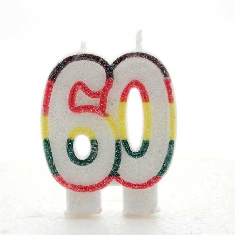 Multicoloured Glitter Number  60  Candle