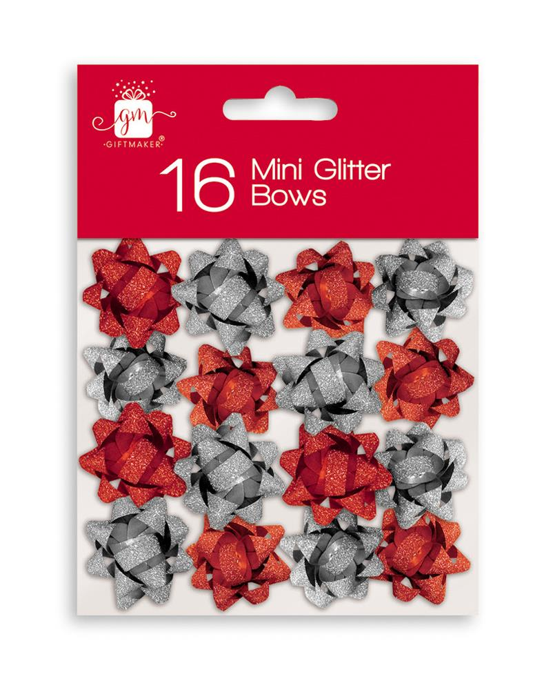 Pack of 16 Mini Glitter Bows Red and silver