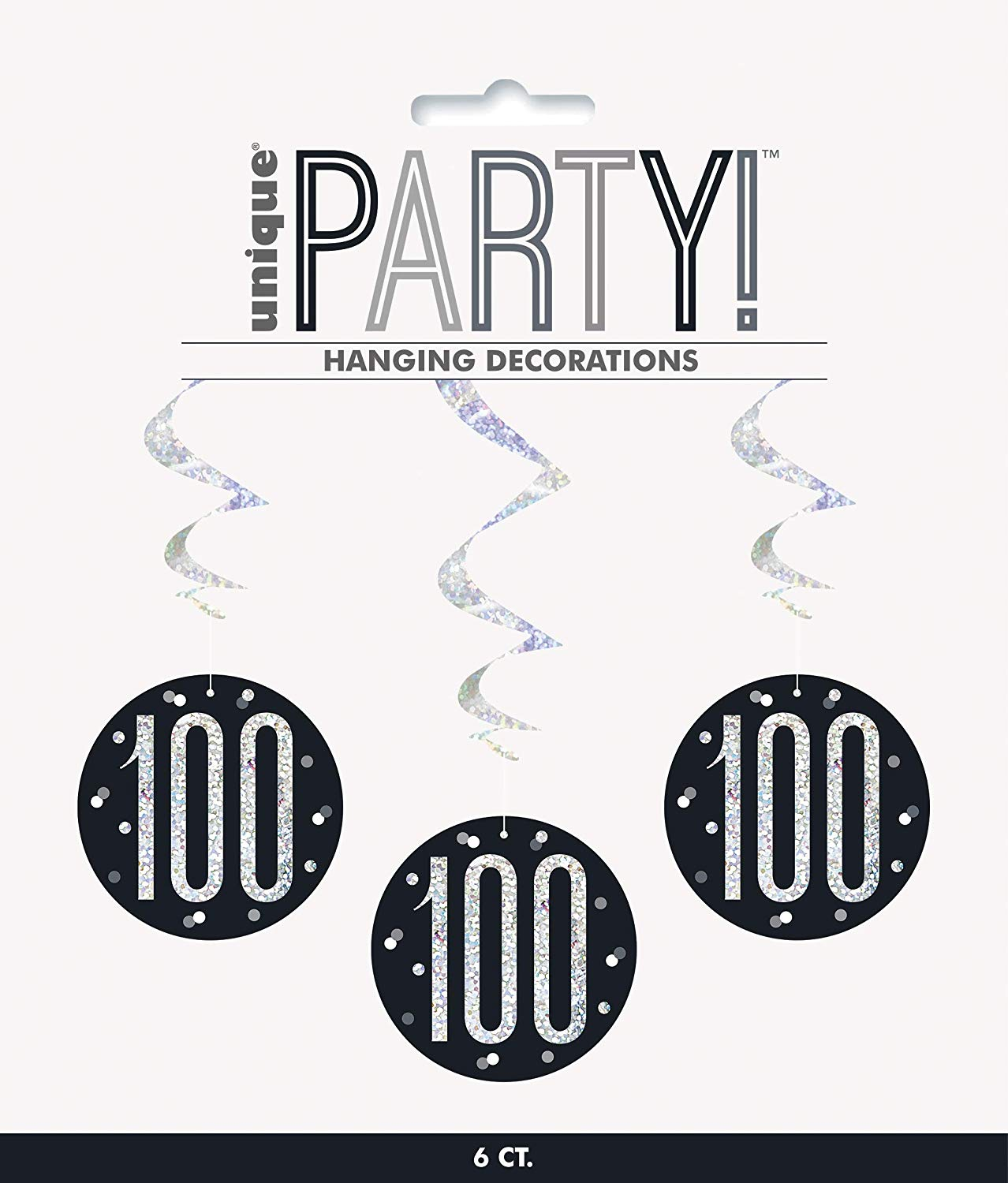 Pack of 6 "100th" Birthday  32"L Glitz Black & Silver Hanging Swirls Decorations