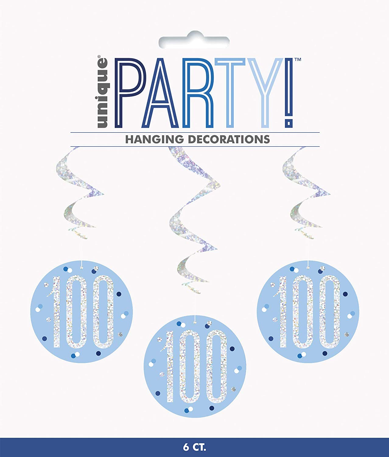 Pack of 6 "100th" Birthday  32"L Glitz Blue & Silver Hanging Swirls Decorations