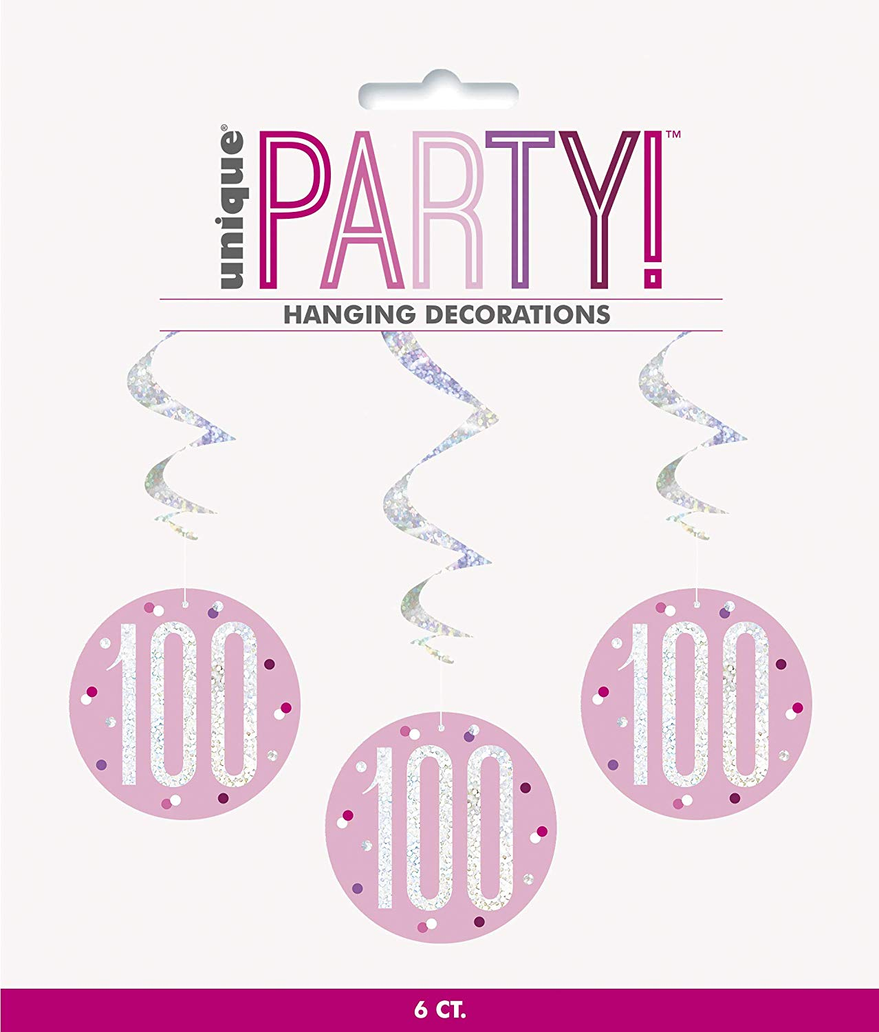 Pack of 6 "100th" Birthday  32"L Glitz Pink & Silver Hanging Swirls Decorations
