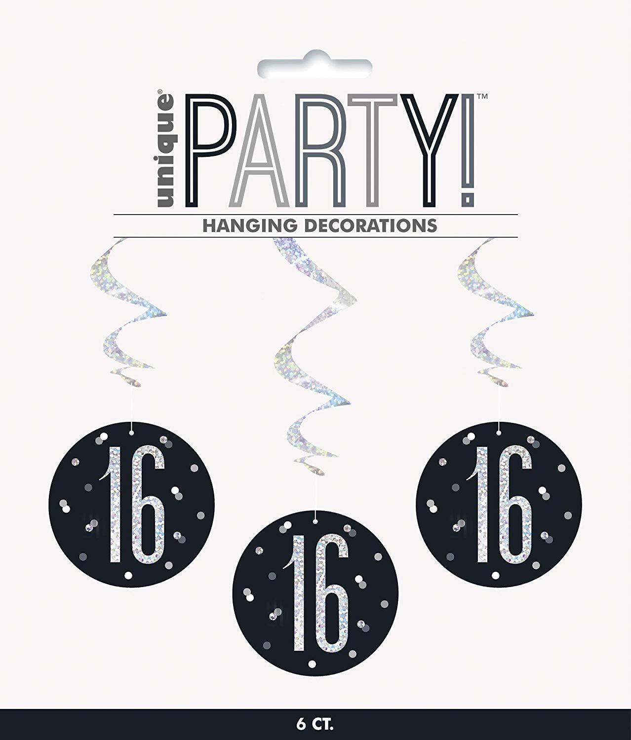 Pack of 6 "16th" Birthday  32"L Glitz Black & Silver Hanging Swirls Decorations