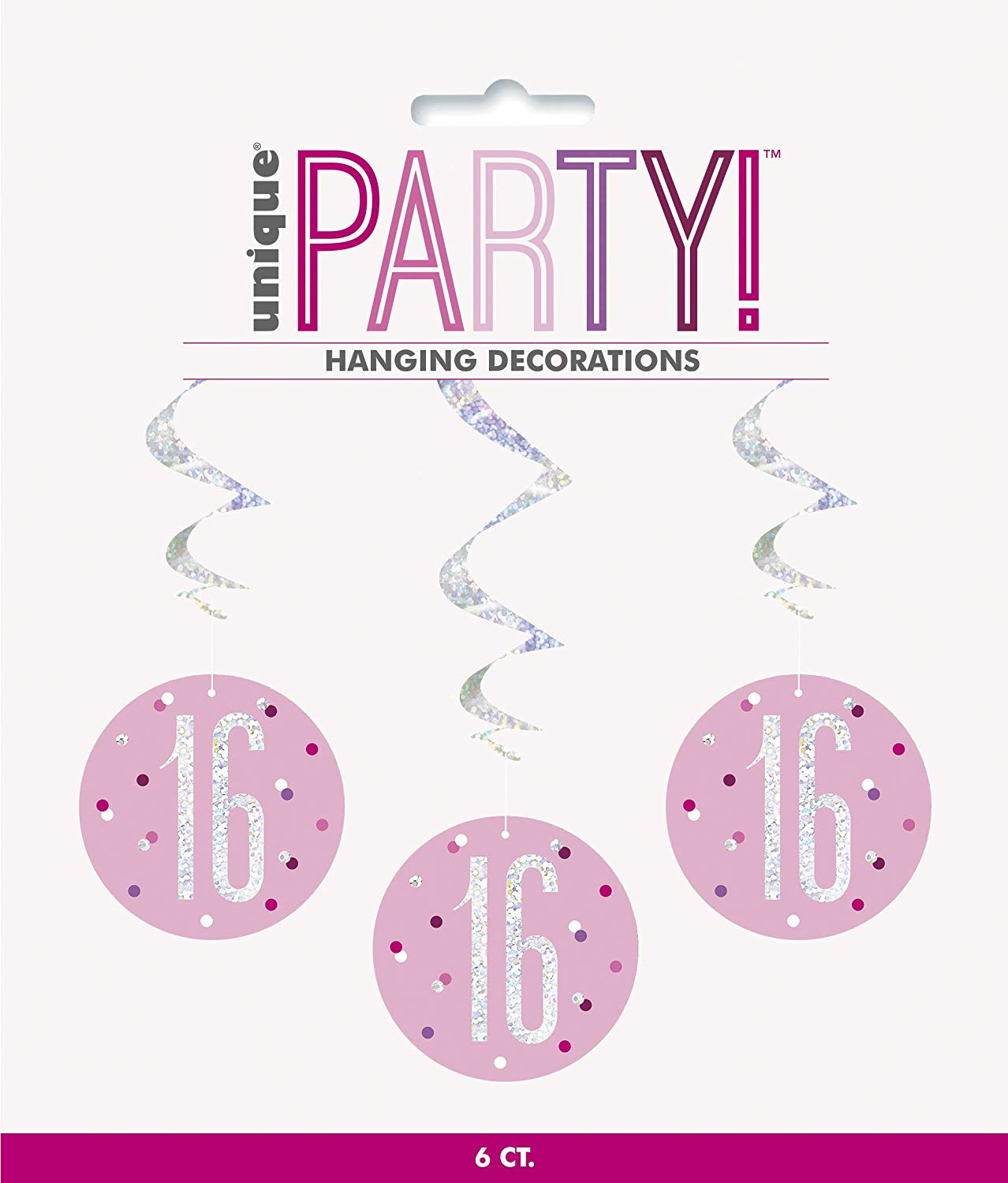 Pack of 6 "16th" Birthday  32"L Glitz Pink & Silver Hanging Swirls Decorations