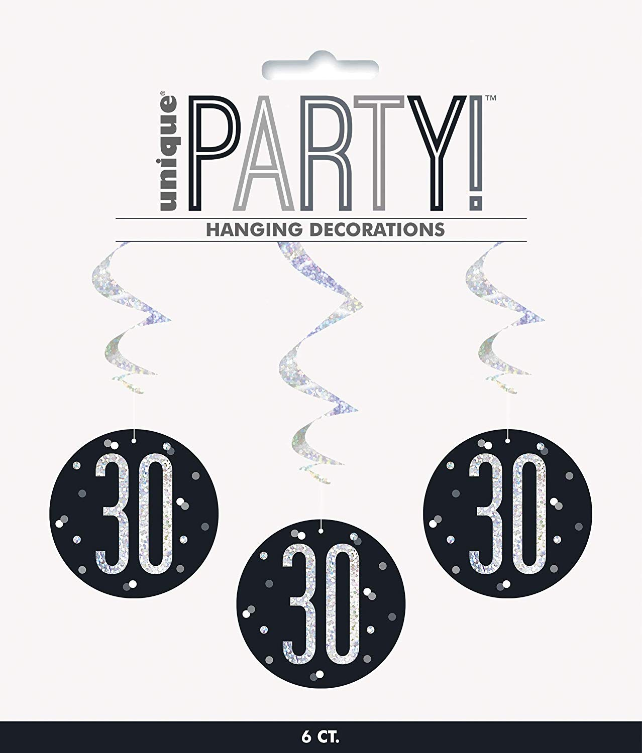 Pack of 6 "30th" Birthday  32"L Glitz Black & Silver Hanging Swirls Decorations