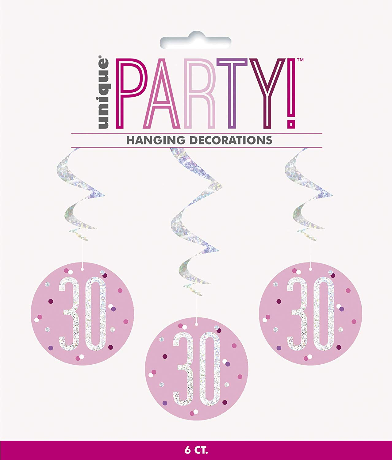 Pack of 6 "30th" Birthday  32"L Glitz Pink & Silver Hanging Swirls Decorations