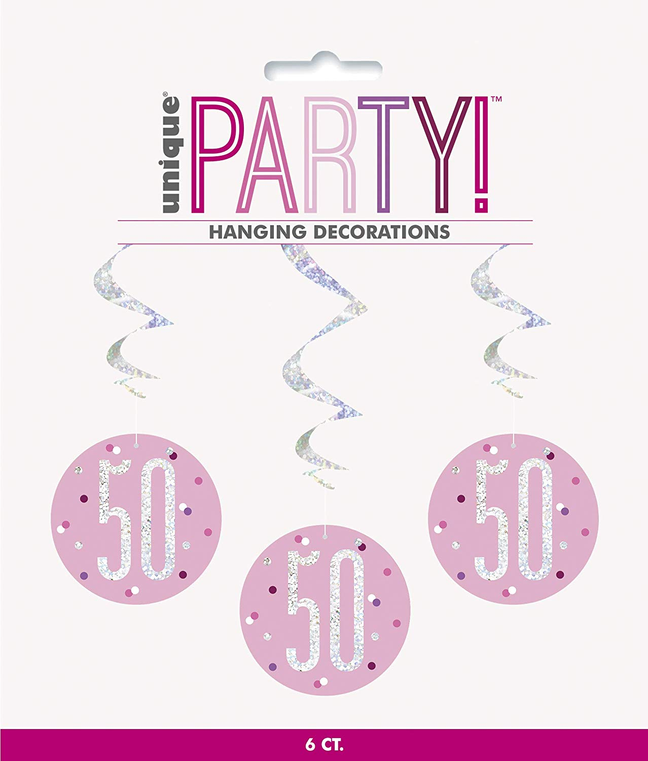 Pack of 6 "50th" Birthday  32"L Glitz Pink & Silver Hanging Swirls Decorations