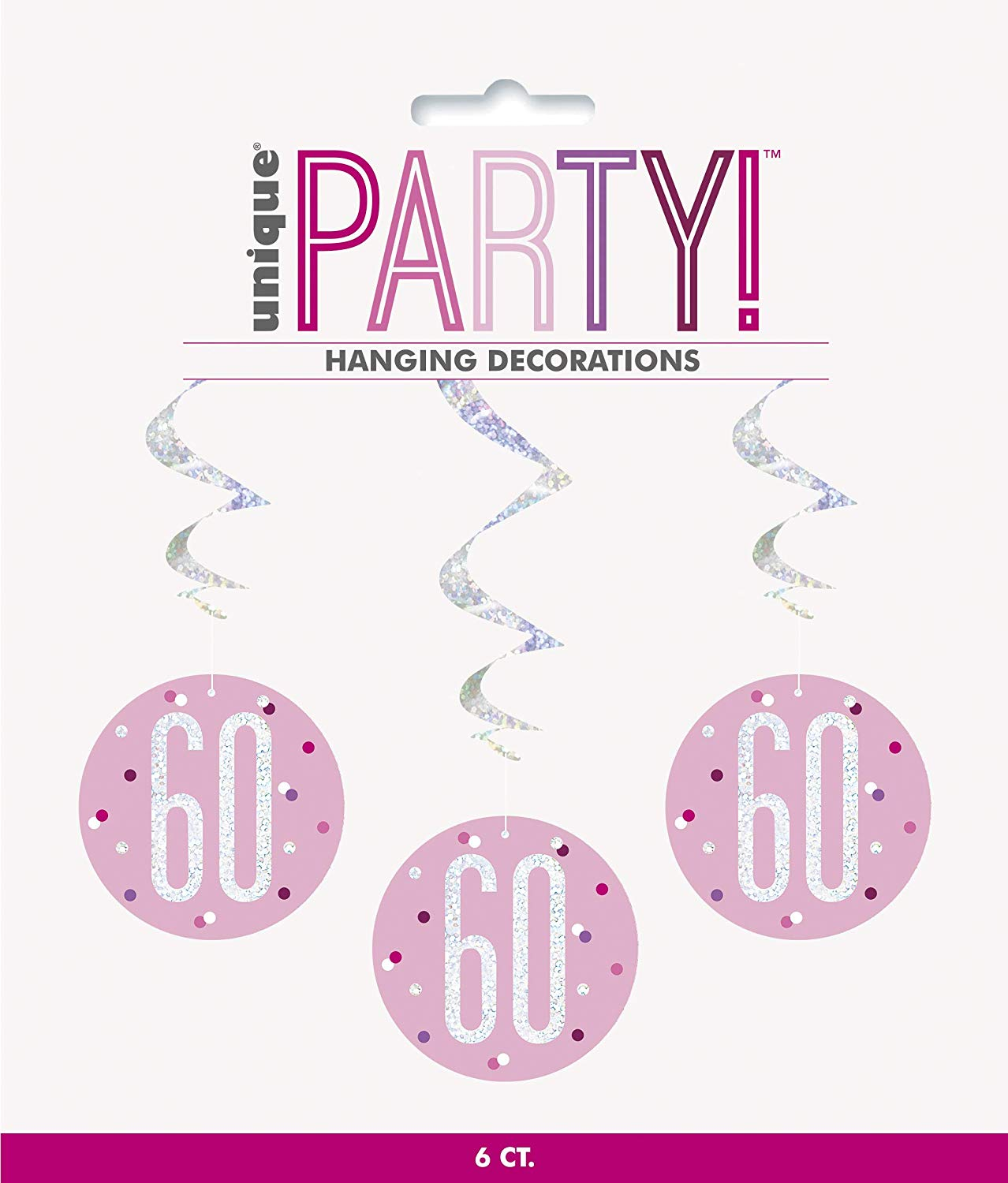 Pack of 6 "60th" Birthday  32"L Glitz Pink & Silver Hanging Swirls Decorations