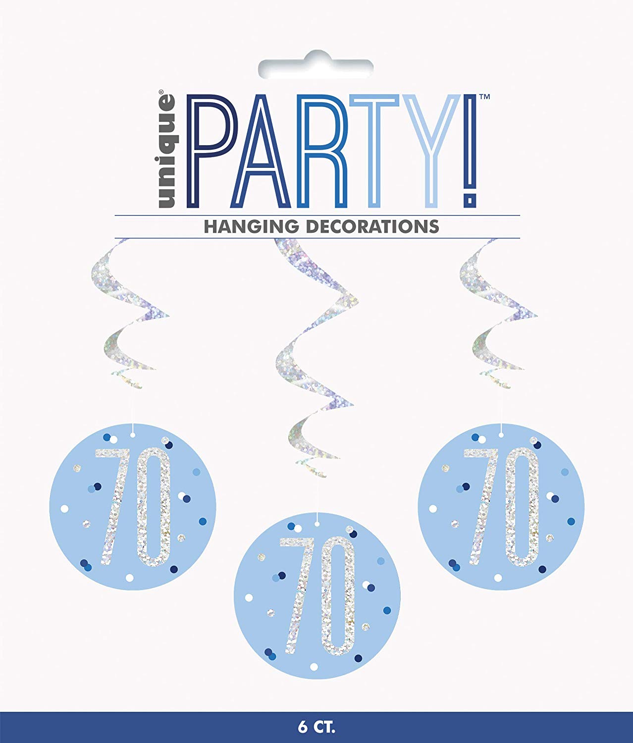 Pack of 6 "70th" Birthday  32"L Glitz Blue & Silver Hanging Swirls Decorations