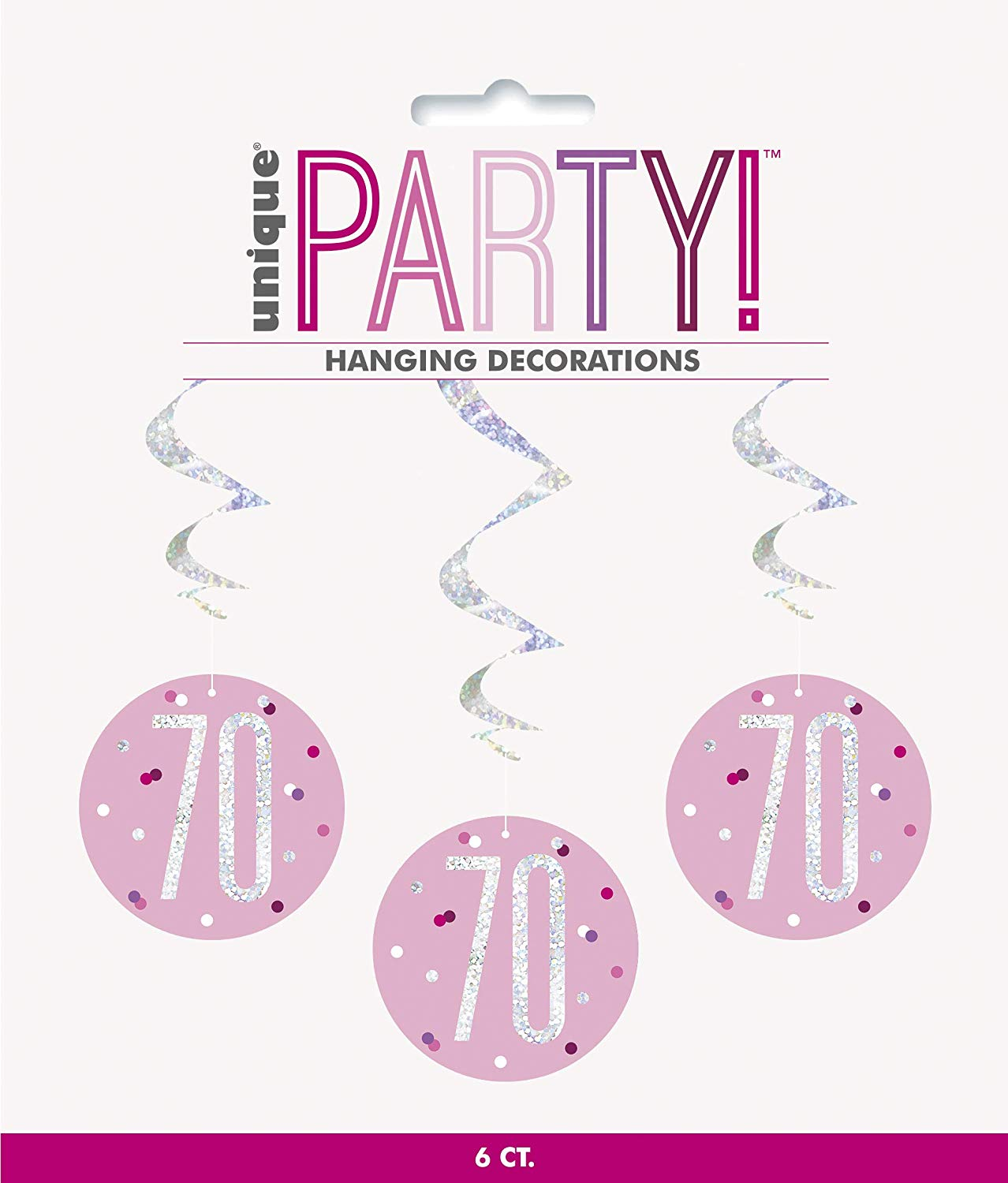 Pack of 6 "70th" Birthday  32"L Glitz Pink & Silver Hanging Swirls Decorations