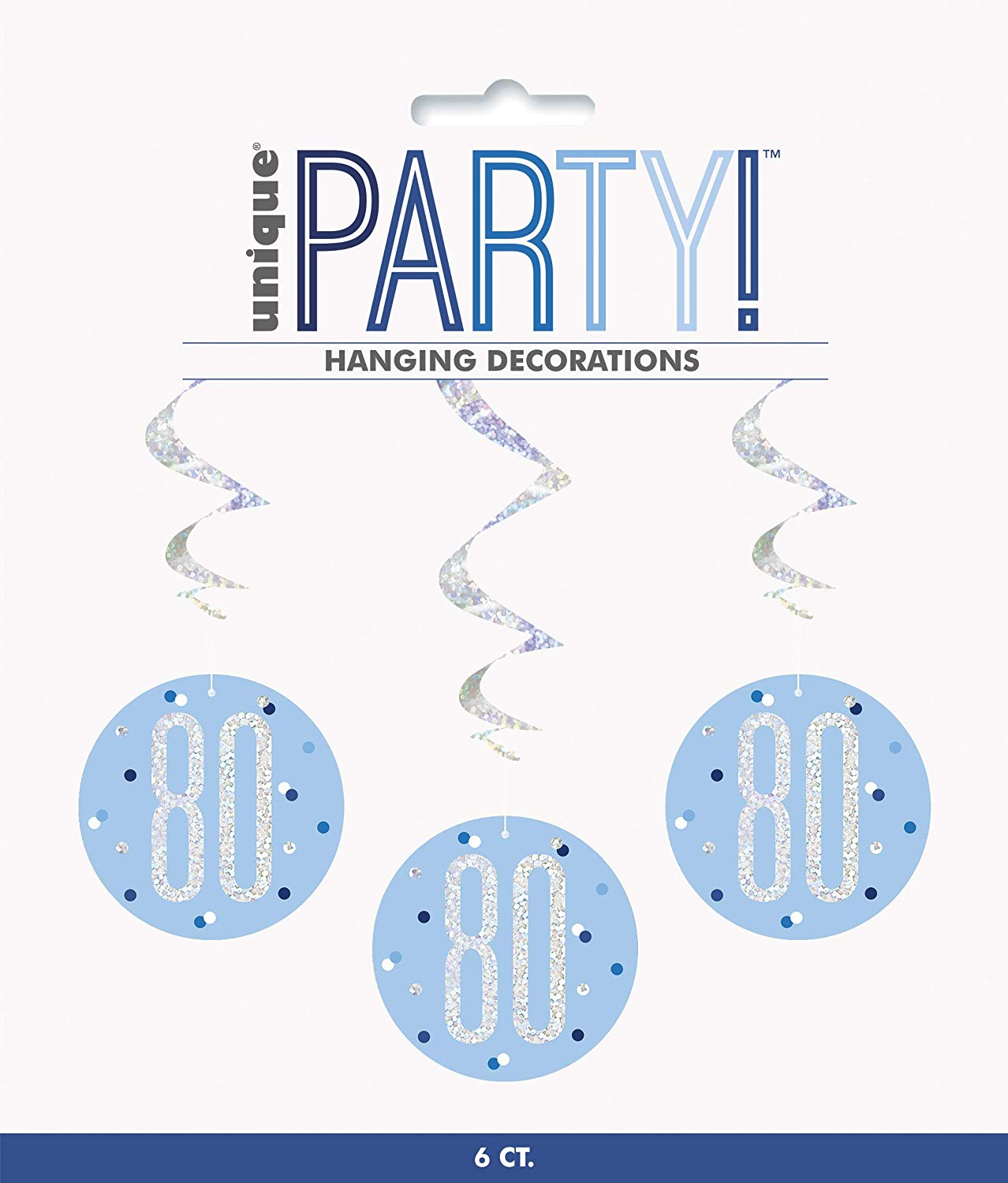 Pack of 6 "80th" Birthday  32"L Glitz Blue & Silver Hanging Swirls Decorations