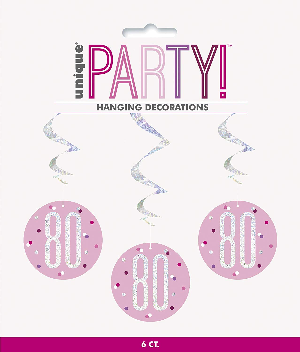 Pack of 6 "80th" Birthday  32"L Glitz Pink & Silver Hanging Swirls Decorations