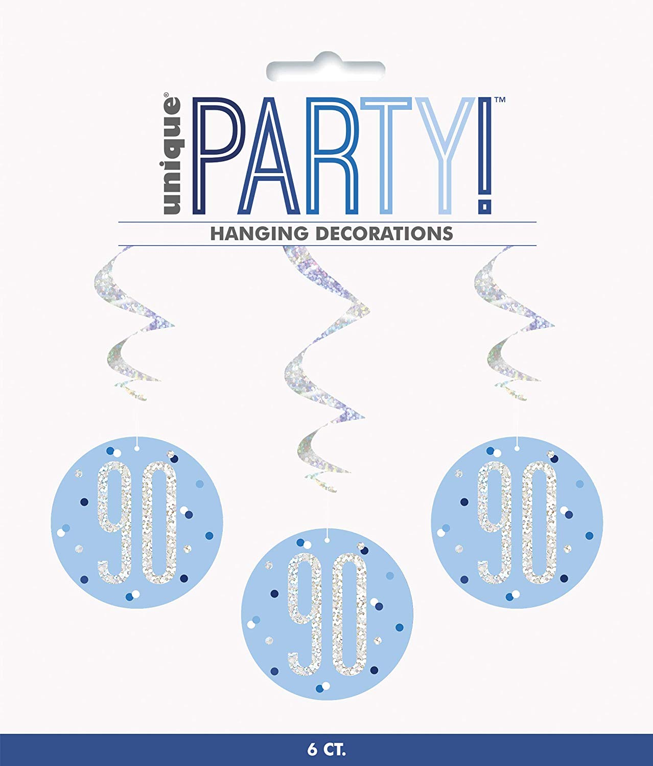 Pack of 6 "90th" Birthday  32"L Glitz Blue & Silver Hanging Swirls Decorations