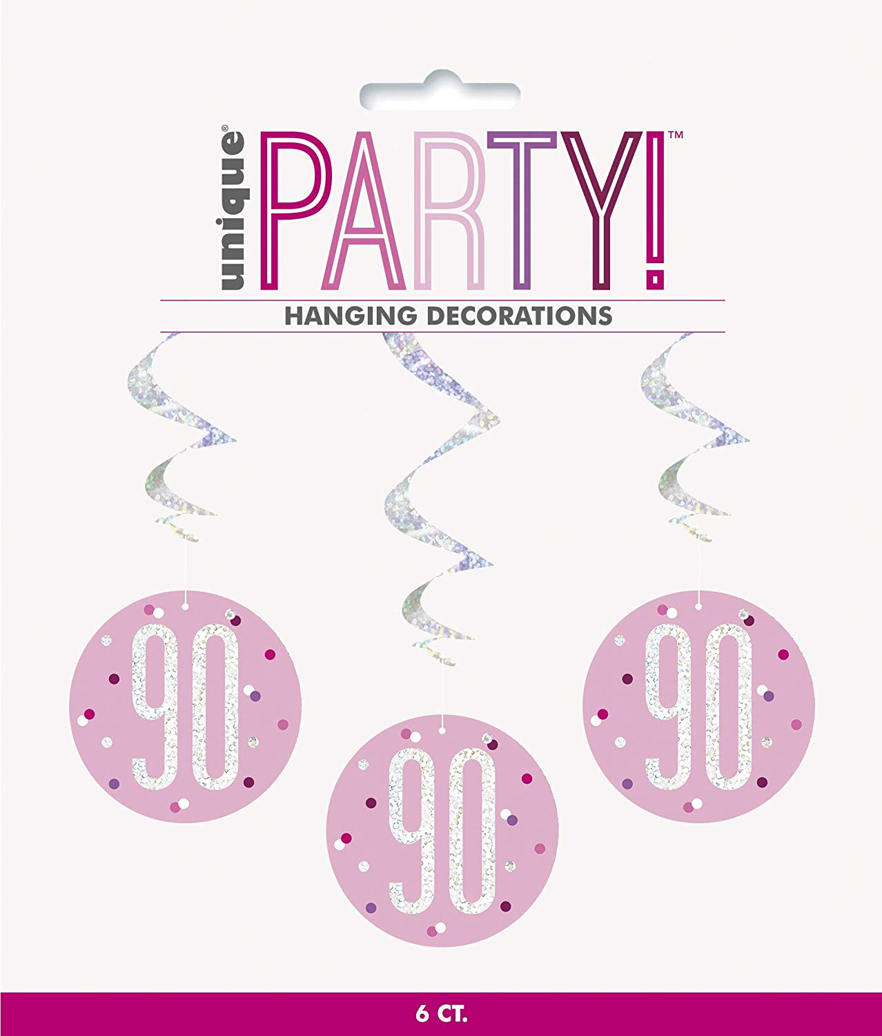 Pack of 6 "90th" Birthday  32"L Glitz Pink & Silver Hanging Swirls Decorations