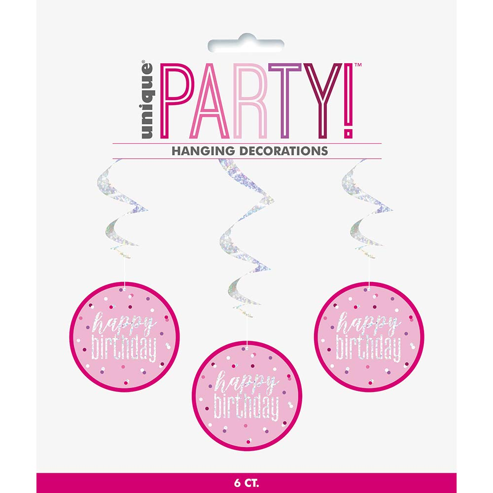 Pack of 6 "Happy Birthday" 32"L Glitz Pink & Silver Hanging Swirls Decorations