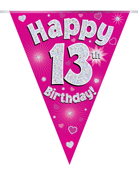 Party Bunting Happy 13th Birthday Pink Holographic 11 flags 3.9m